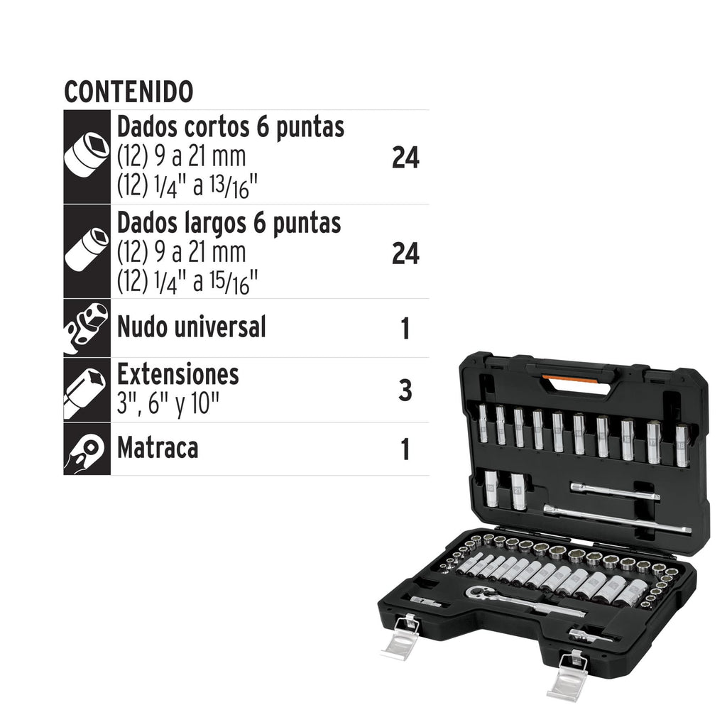 Juego de autoclé cuadro 3/8', 53 piezas, std y mm