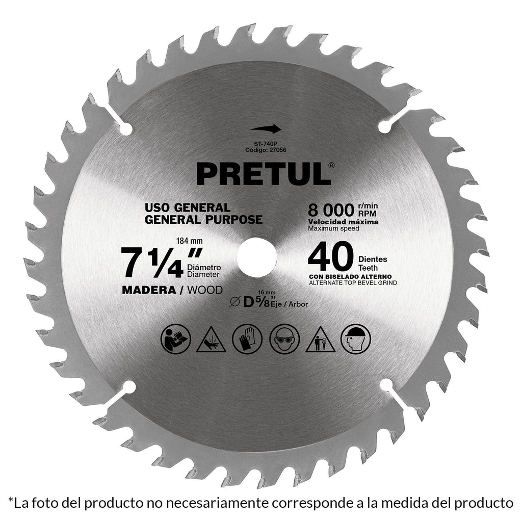 Disco sierra p/madera 7-1/4',40 dientes ,centro 5/8', Pretul