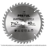 Disco sierra p/madera 7-1/4',40 dientes ,centro 5/8', Pretul