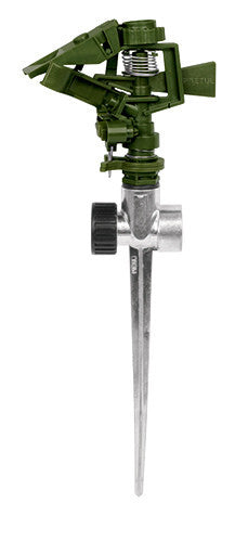 ASPERSOR VERDE, PLÁSTICO, DOS VÍAS, ESTACA DE ZINC DE 11'