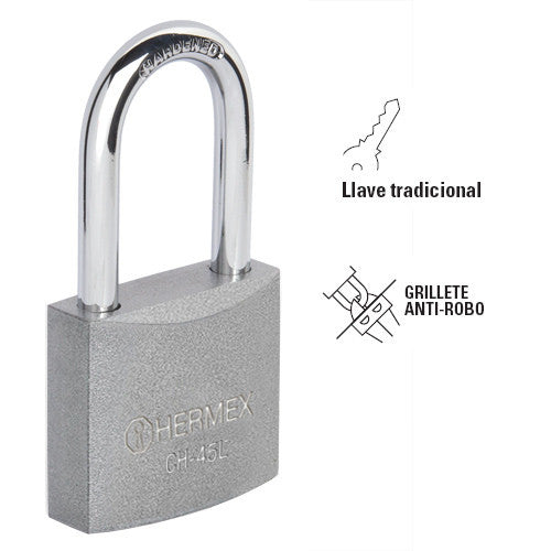 CANDADO DE HIERRO, 45MM, GANCHO LARGO, EN CAJA