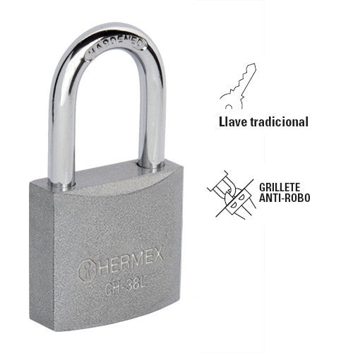CANDADO DE HIERRO, 38MM, GANCHO LARGO, EN CAJA