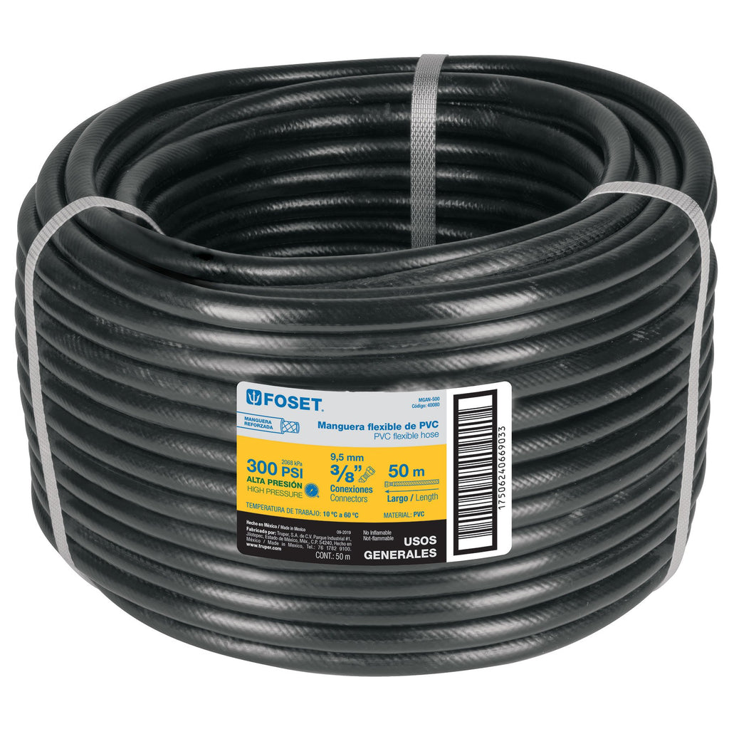 Manguera flexible negra, PVC, 3/8', 300 PSI,sin conexión, PRECIO POR METRO